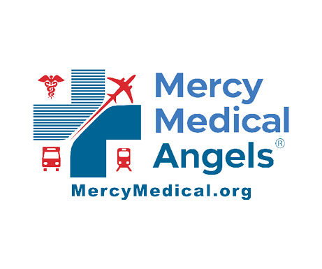 blue cross with red plane, subway, bus, and caduceus in corners; mercy medical angels in blue next to cross