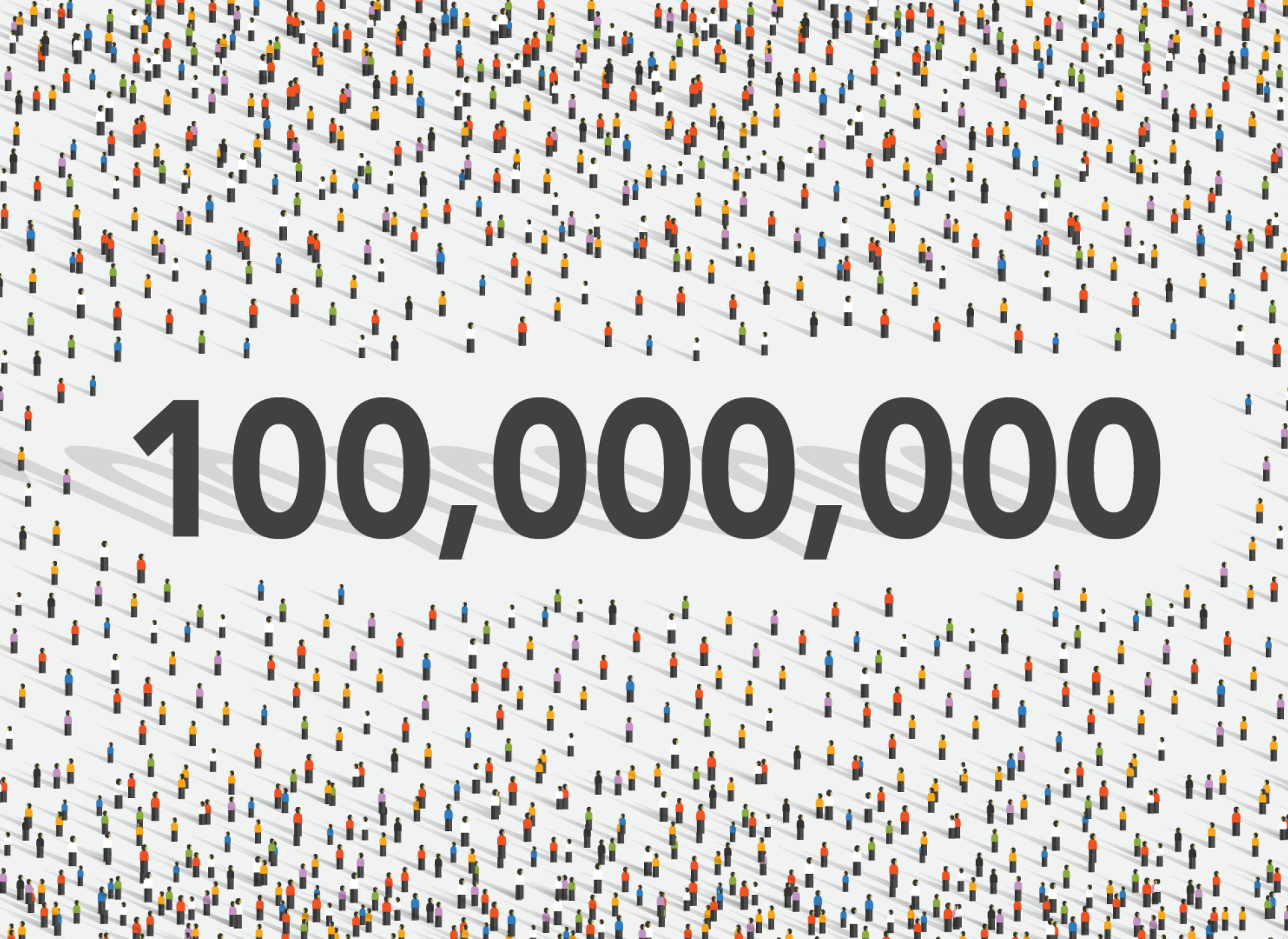 The number 100,000,000 surrounded by cartoon graphic of a mass of people