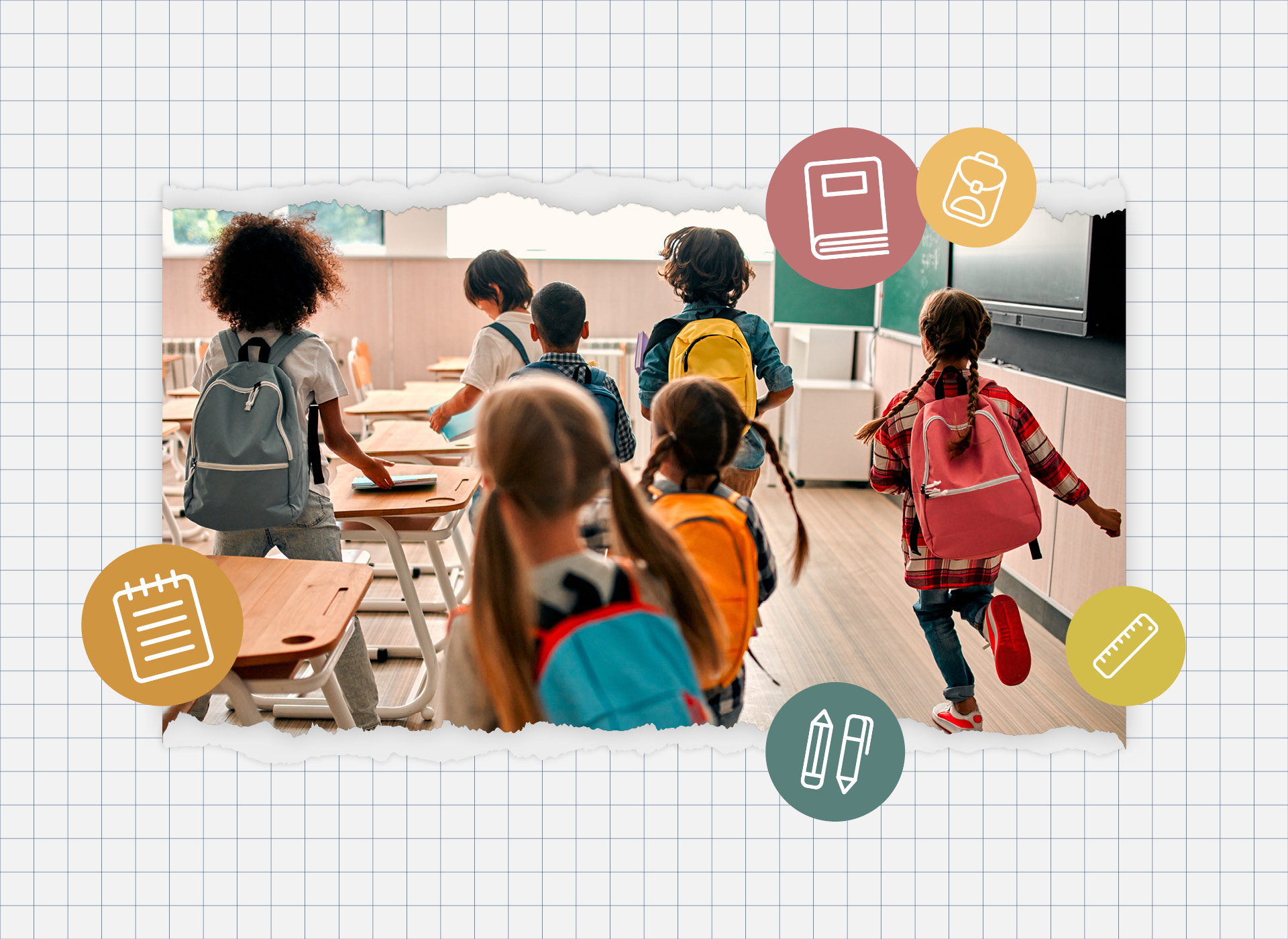 Children walk around in a classroom wearing backpacks