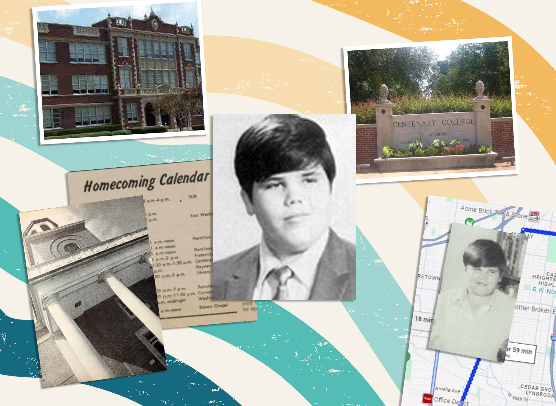 collage of david's yearbook picture, a picture of his school, the map of the possible route he took, centenary college, the college's homecoming schedule