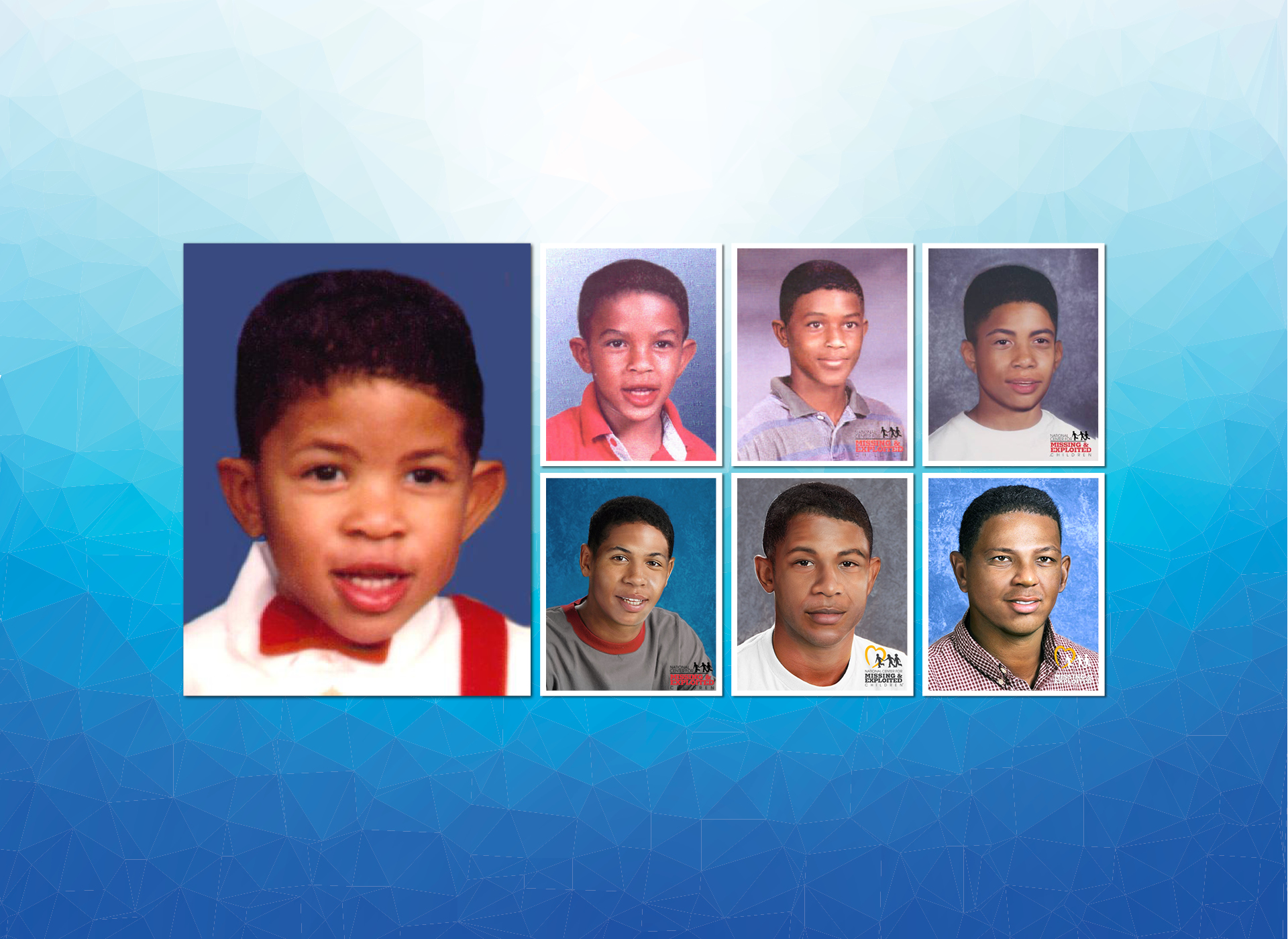 seven photos: L: photo of bennett as a toddler; six on right: smaller images of his age progressions