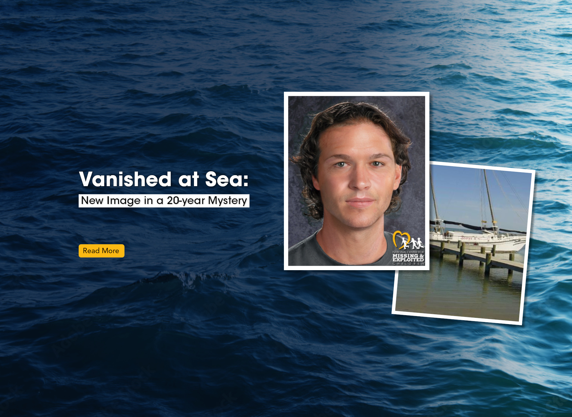 age progression of white man with curly brown hair next to picture of boat; water in the background