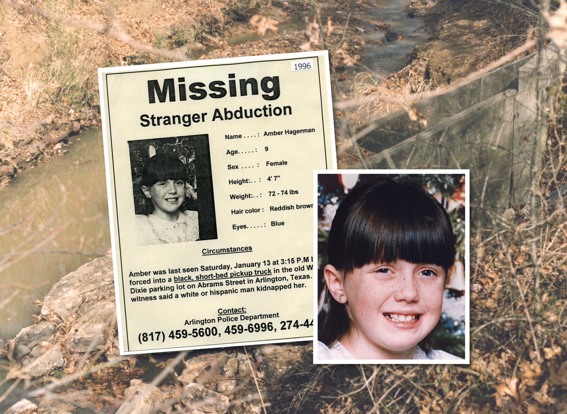 Amber's missing poster with creek in the background