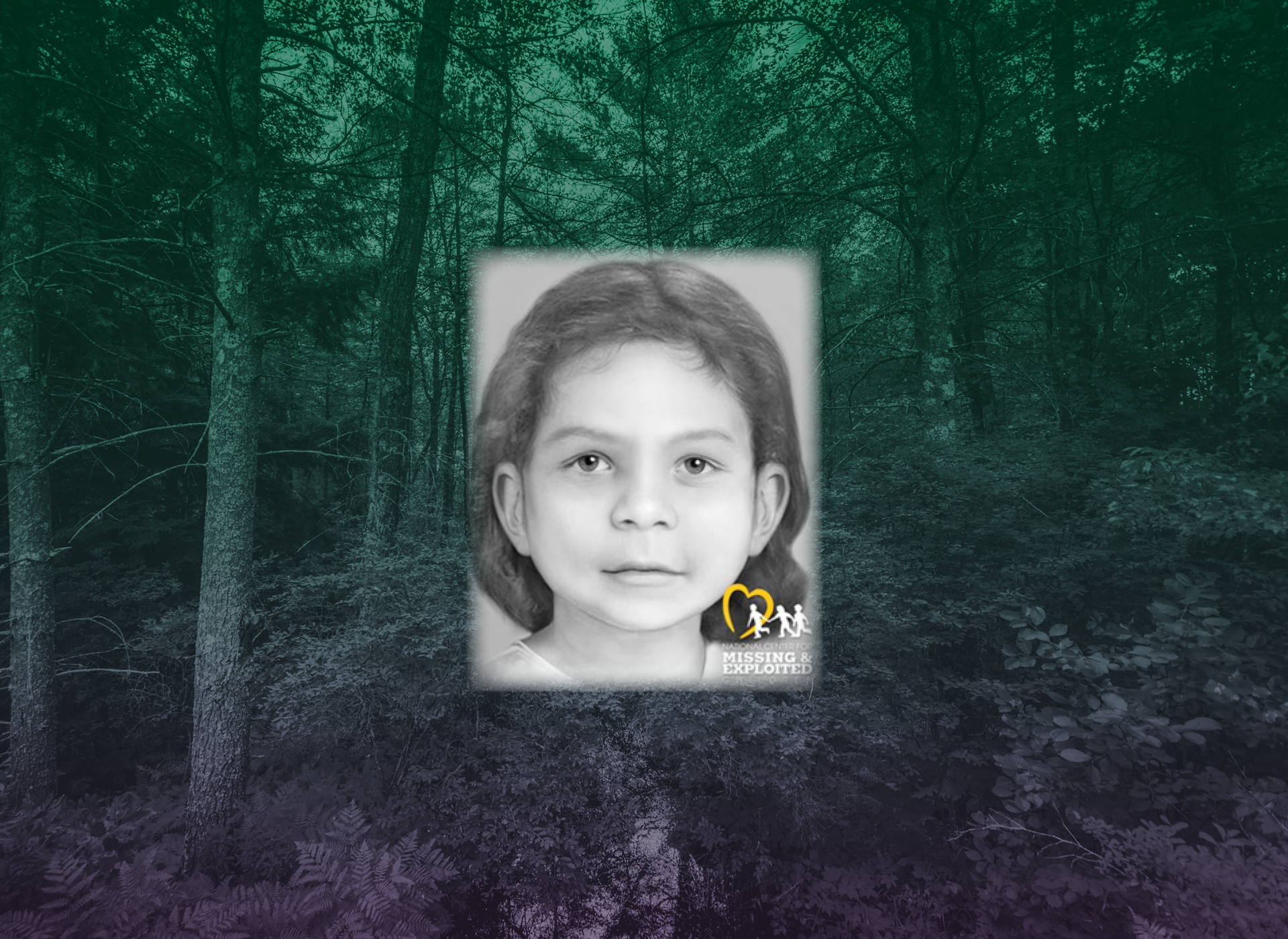 black and white image of rea's facial reconstruction -- toddler with short dark hair; background of forest and trees