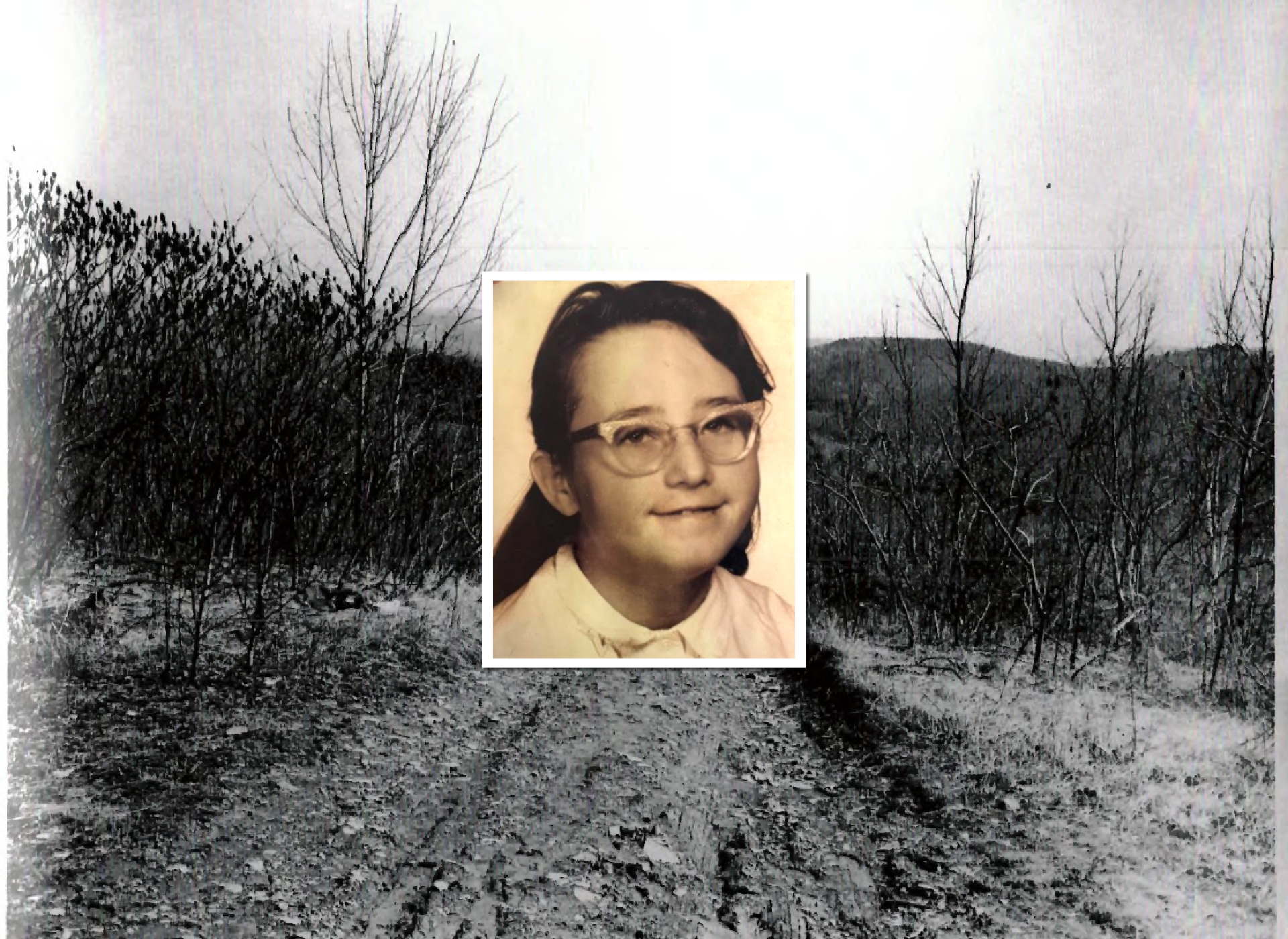 black and white photo of dirt road, school picture of mary with dark hair, glasses, smiling