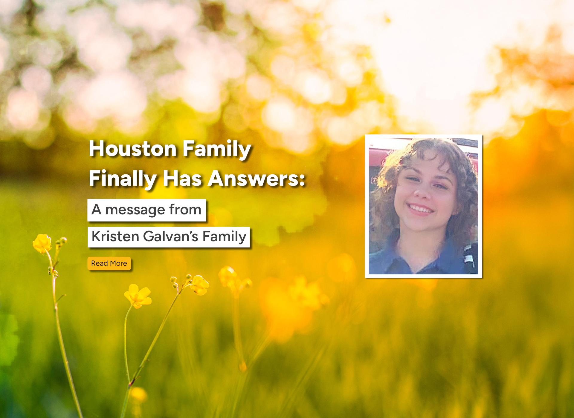 image of teen girl smiling with curly hair, background wildflowers