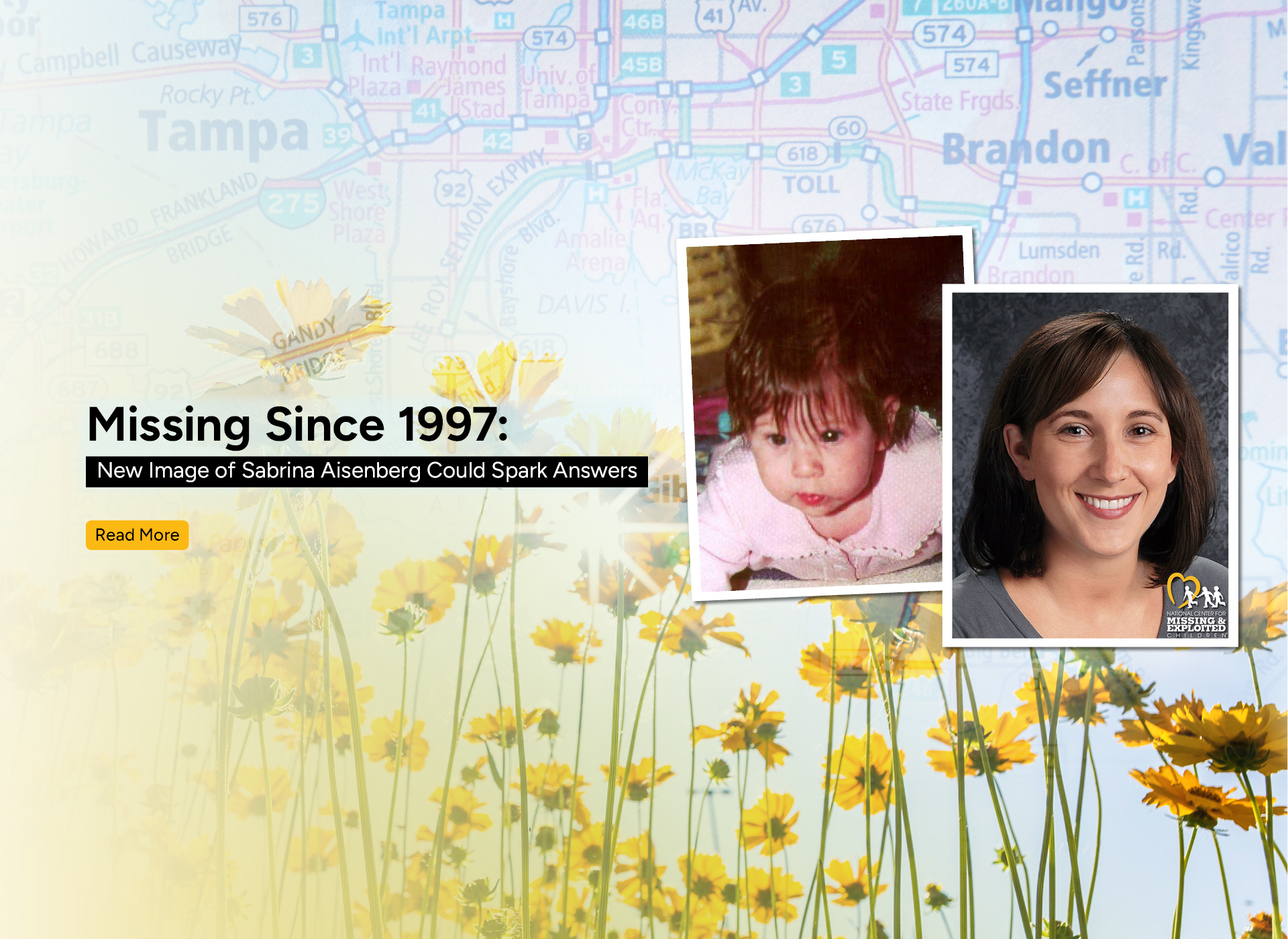 two images: toddler with dark hair; age progression of woman with dark hair; background of wildflowers